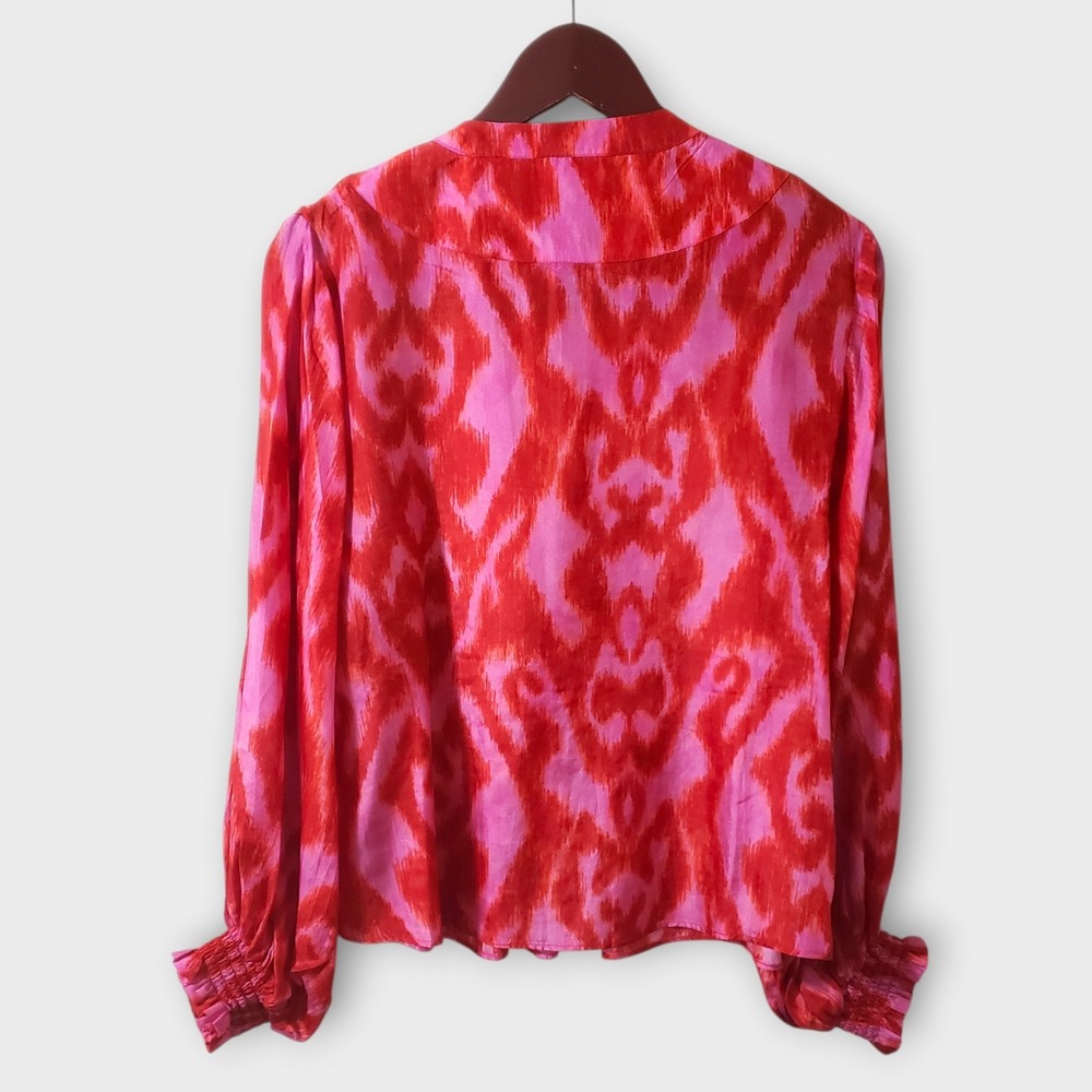 Maria Cher Loose Fit 100% Silk Blouse Pink Red Ikat Print Bishop Sleeve Large - Picture 5 of 11